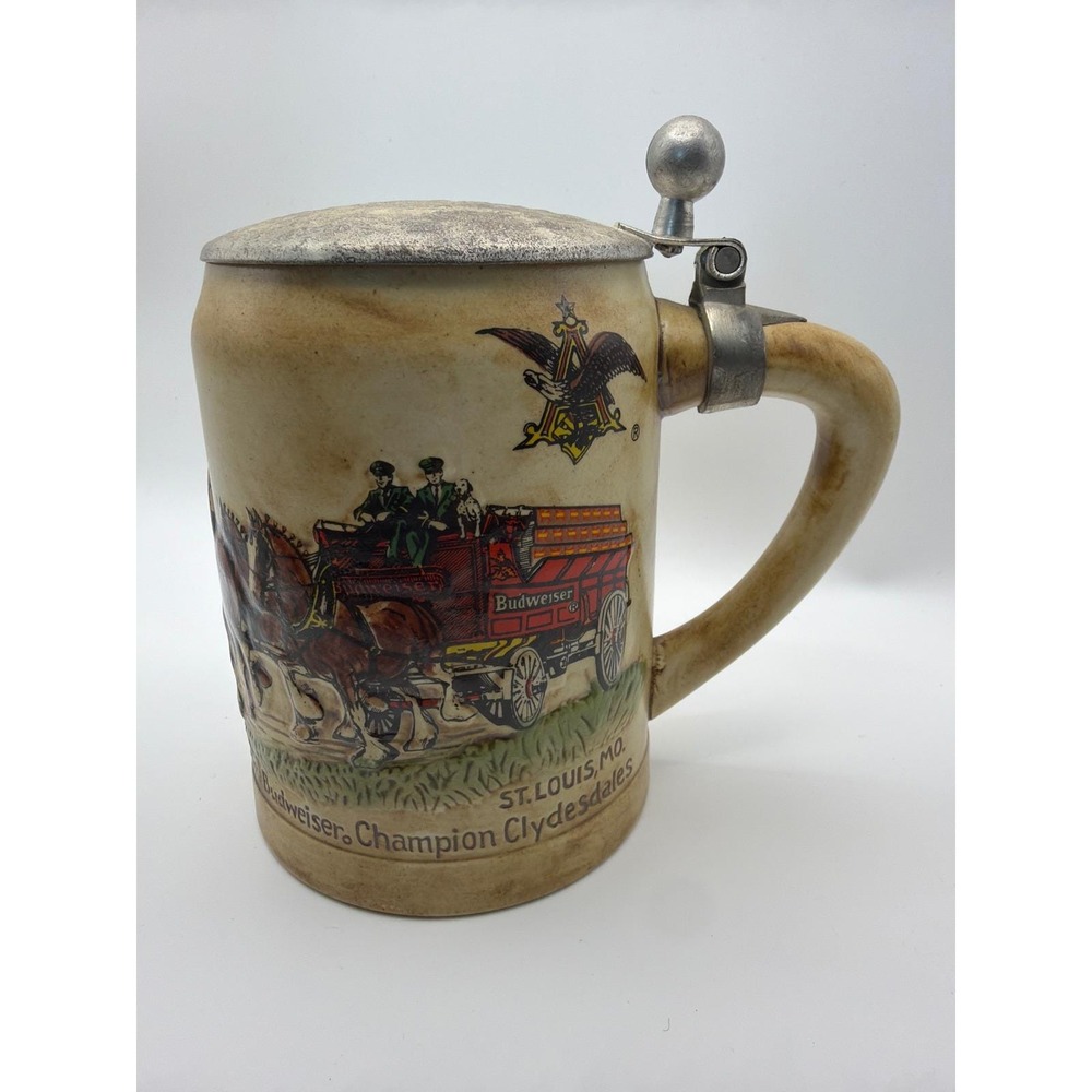 Budweiser Champion Clydesdales Ceramarte Beer Stein Lidded Mug Brazil Vintage